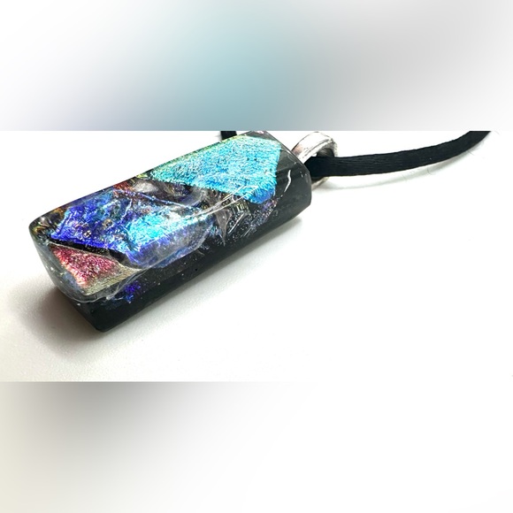 Dichroic Blue Art Glass Pendant Necklace 21” Black Cord & Extender-Handcrafted - Picture 5 of 11